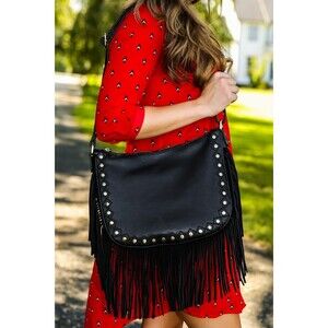 Street Level Black Studded Fringe Crossbody Bag Boho Western  Shoulder Purse EUC